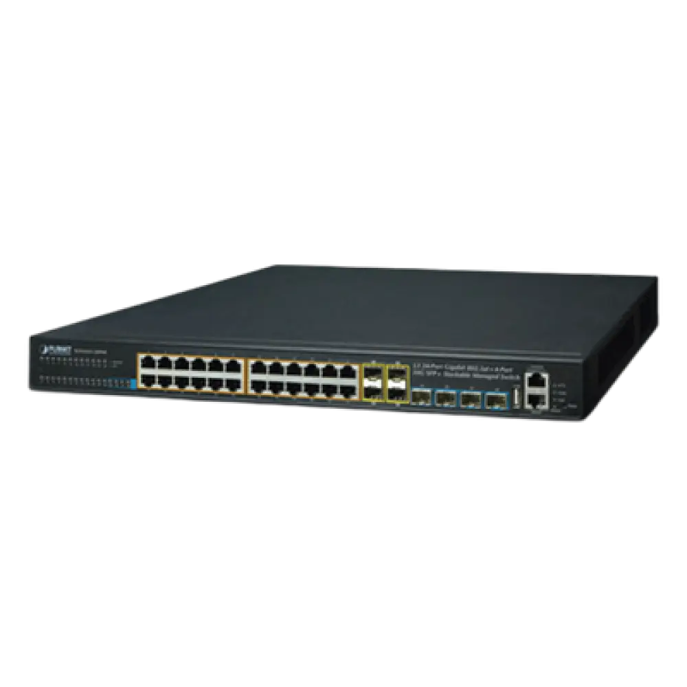 Switch Administrable Stacking Capa 3 / 24 Puertos PoE+ Gigabit / 4 SFP+ 10G / 370W PoE Total / 128 Gbps Throughput