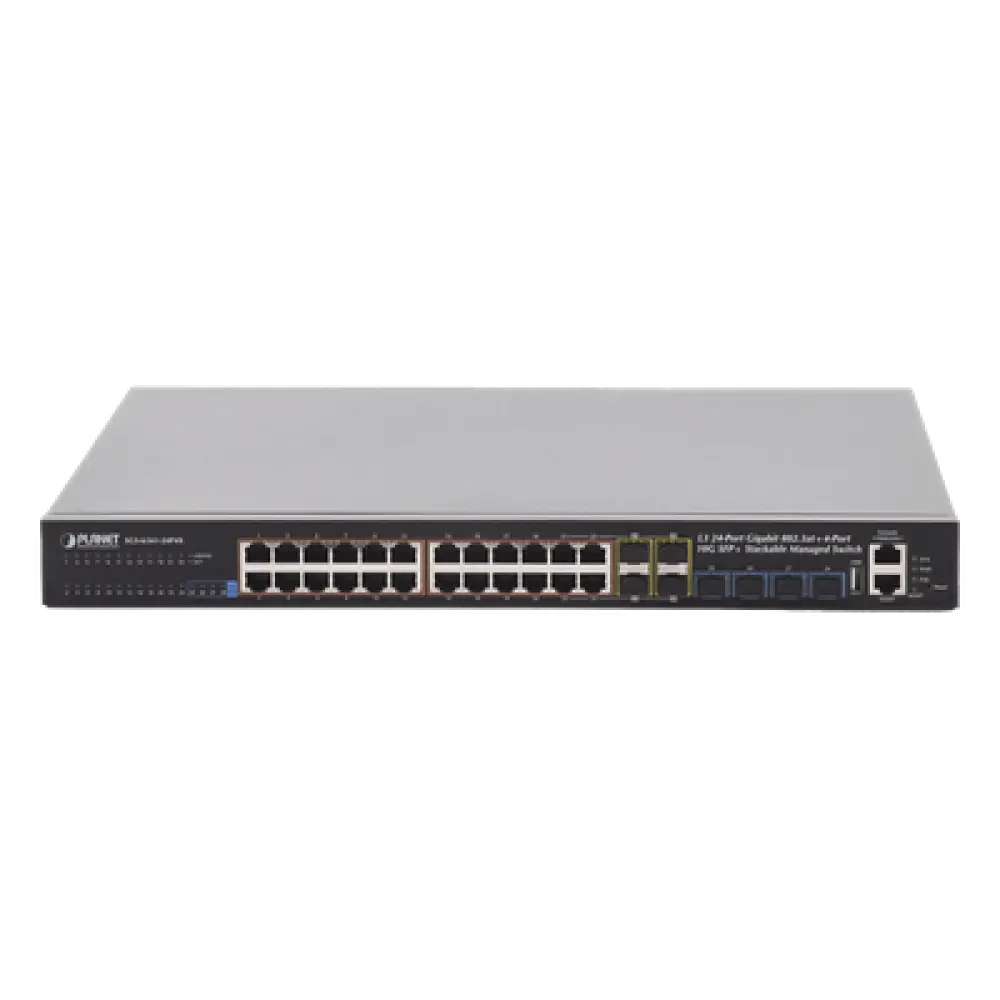 Switch Administrable Stacking Capa 3 / 24 Puertos PoE+ Gigabit / 4 SFP+ 10G / 370W PoE Total / 128 Gbps Throughput