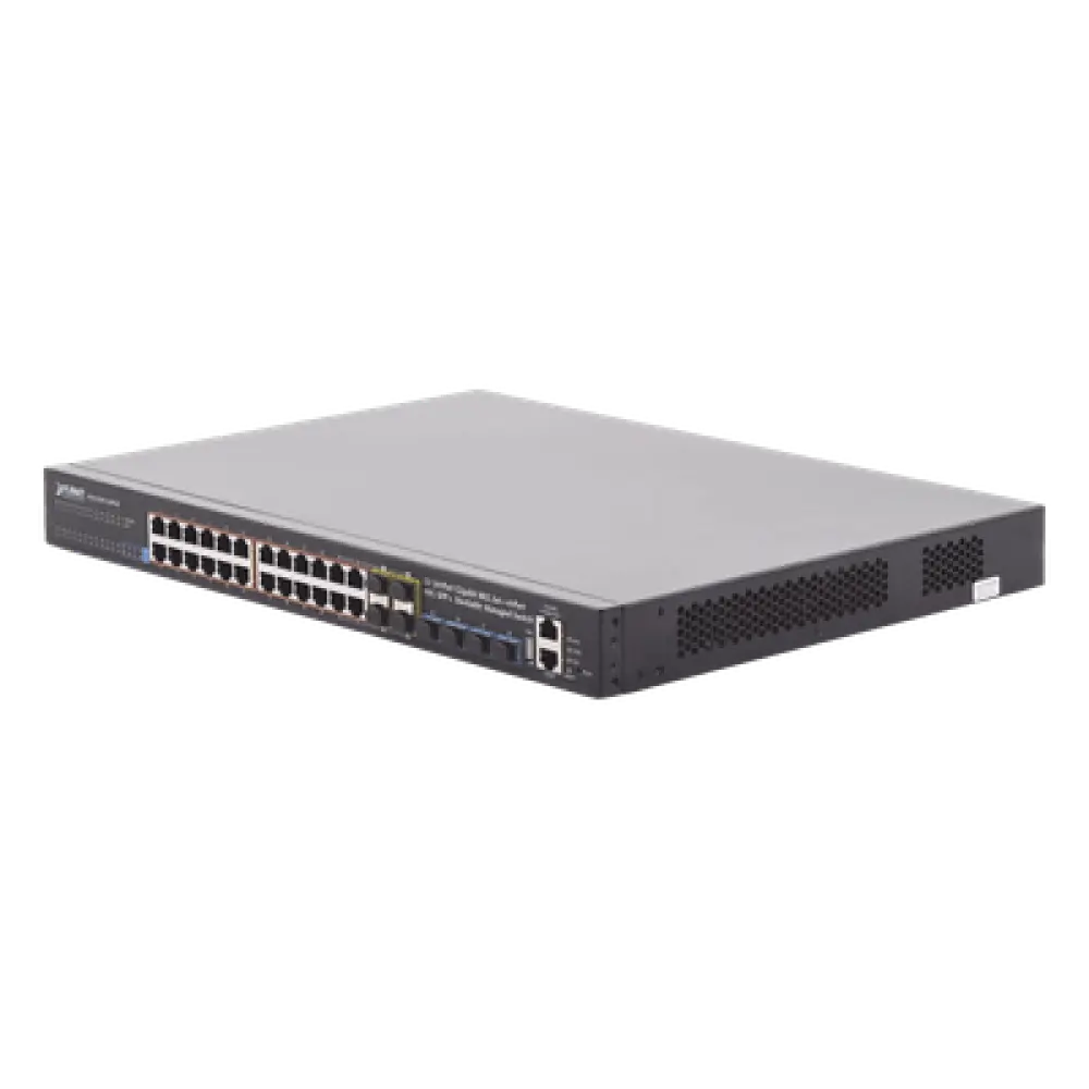 Switch Administrable Stacking Capa 3 / 24 Puertos PoE+ Gigabit / 4 SFP+ 10G / 370W PoE Total / 128 Gbps Throughput