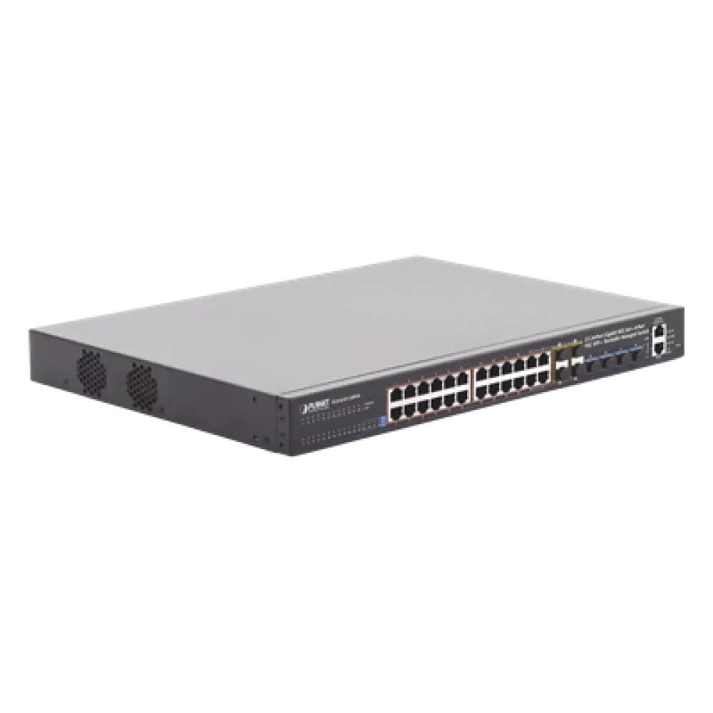 Switch Administrable Stacking Capa 3 / 24 Puertos PoE+ Gigabit / 4 SFP+ 10G / 370W PoE Total / 128 Gbps Throughput