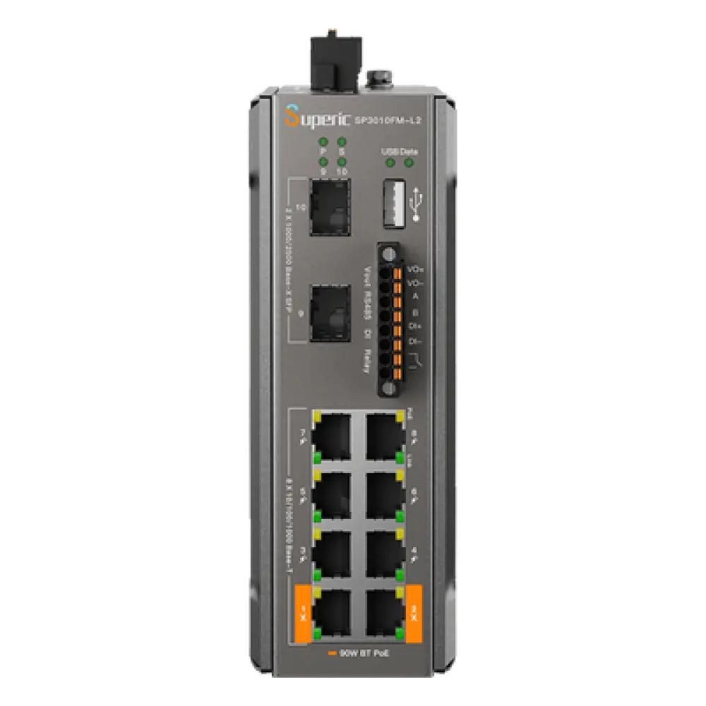 Switch PoE Industrial / 8 Puertos Gigabit PoE / 2 Puertos SFP 2.5 Gbps / 240W Presupuesto PoE / 26 Gbps Capacidad de Conmutación / -40 ℃~75 ℃ / DIN-Rail, Pared, Escritorio