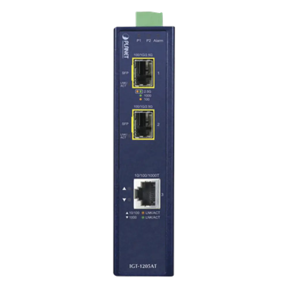 Convertidor de Medios Industrial / 1x Ethernet 10/100/1000 Base-T / 2x SFP 100/1000/2500 Base-X / -40 a 75°C / 12-48V DC