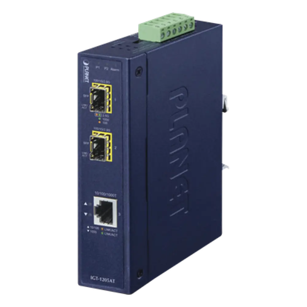 Convertidor de Medios Industrial / 1x Ethernet 10/100/1000 Base-T / 2x SFP 100/1000/2500 Base-X / -40 a 75°C / 12-48V DC