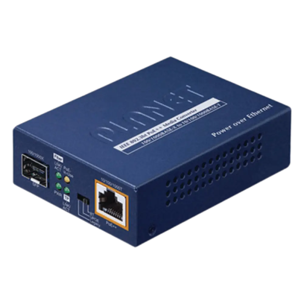 Convertidor de Medios PoE++ / 1x RJ45 Gigabit / 1x SFP 100/1000BASE-X / 60W 802.3bt / Cat5e/6 4-Pares