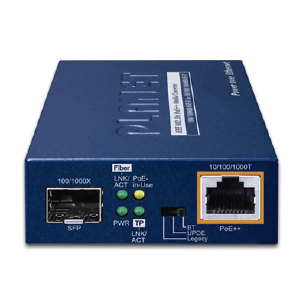 Convertidor de Medios PoE++ / 1x RJ45 Gigabit / 1x SFP 100/1000BASE-X / 60W 802.3bt / Cat5e/6 4-Pares
