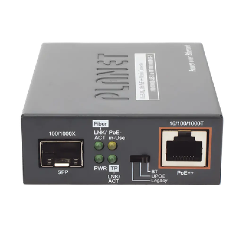 Convertidor de Medios PoE++ / 1x RJ45 Gigabit / 1x SFP 100/1000BASE-X / 60W 802.3bt / Cat5e/6 4-Pares