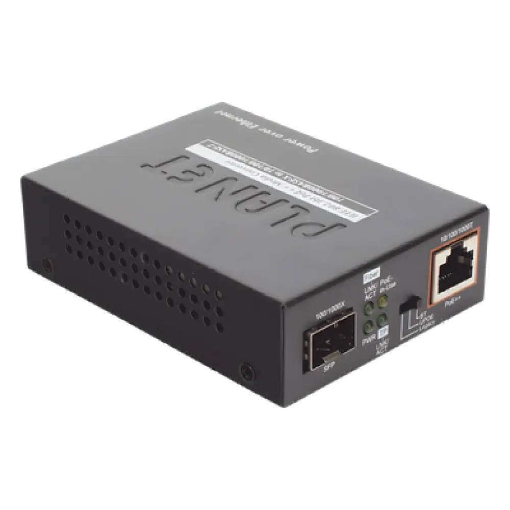 Convertidor de Medios PoE++ / 1x RJ45 Gigabit / 1x SFP 100/1000BASE-X / 60W 802.3bt / Cat5e/6 4-Pares