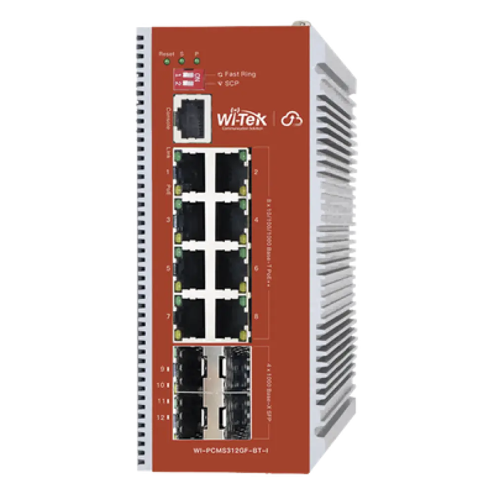 Switch PoE Industrial L2+ / 8 Puertos 100/1000 Mbps / 4 SFP Gigabit / 460 W / Cloud-Web-CLI / ERPS / -40 a 75 °C