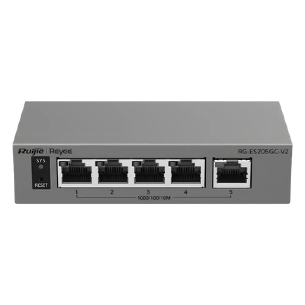 Switch Capa 2 Gestionado en la Nube / 5 Puertos Gigabit / Switching 10 Gbps / Forwarding 7.44 Mpps / Diseño sin Ventilador / Protección 6 kV / Modo CCTV de un Clic / 32 VLANs / Gabinete Metálico / Ruijie Cloud