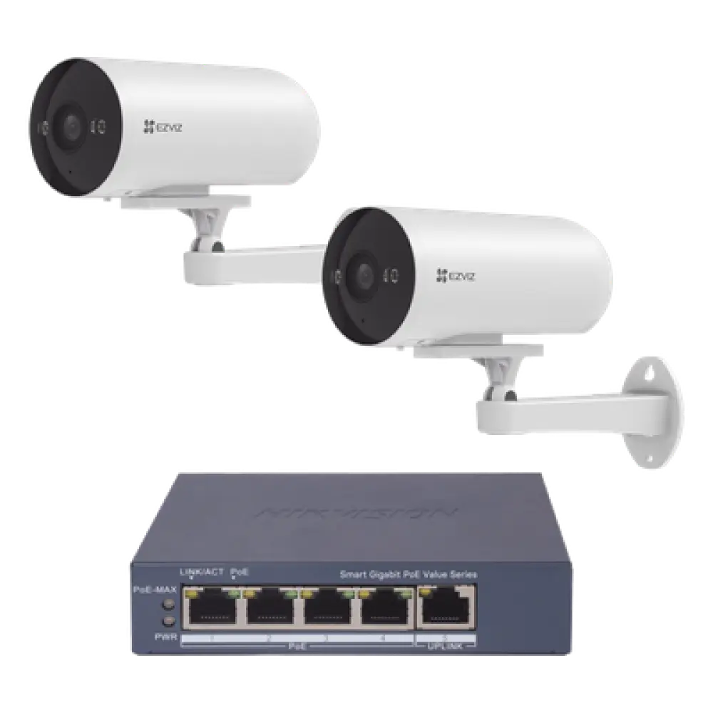 Kit de Videovigilancia PoE / 2 Cámaras IP 3 Megapixel / Switch 4 Puertos PoE+ Gigabit / Visión Nocturna a Color / IP67 / Audio Bidireccional / Luz y Sirena