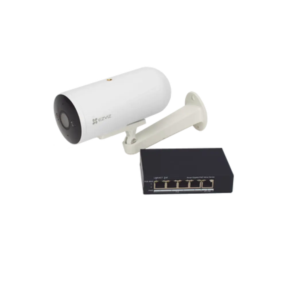 Kit de Videovigilancia PoE / 2 Cámaras IP 3 Megapixel / Switch 4 Puertos PoE+ Gigabit / Visión Nocturna a Color / IP67 / Audio Bidireccional / Luz y Sirena