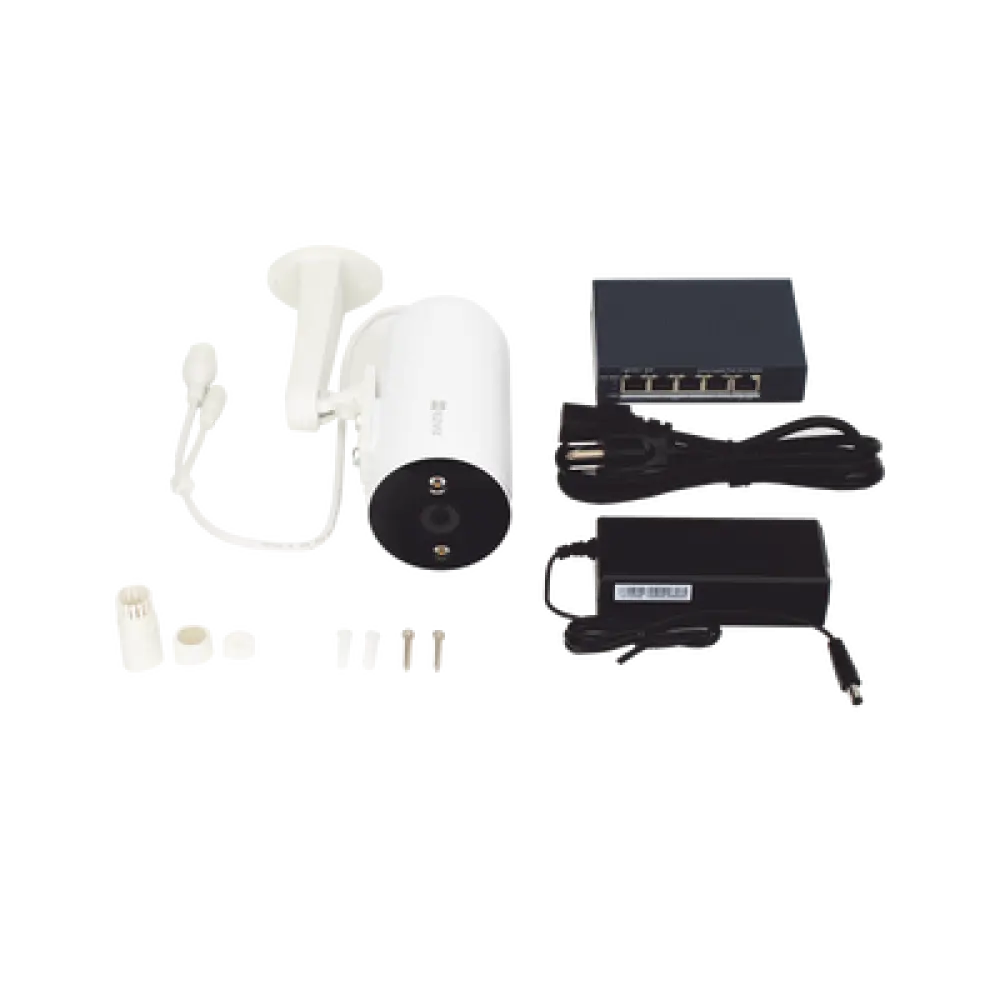 Kit de Videovigilancia PoE / 2 Cámaras IP 3 Megapixel / Switch 4 Puertos PoE+ Gigabit / Visión Nocturna a Color / IP67 / Audio Bidireccional / Luz y Sirena