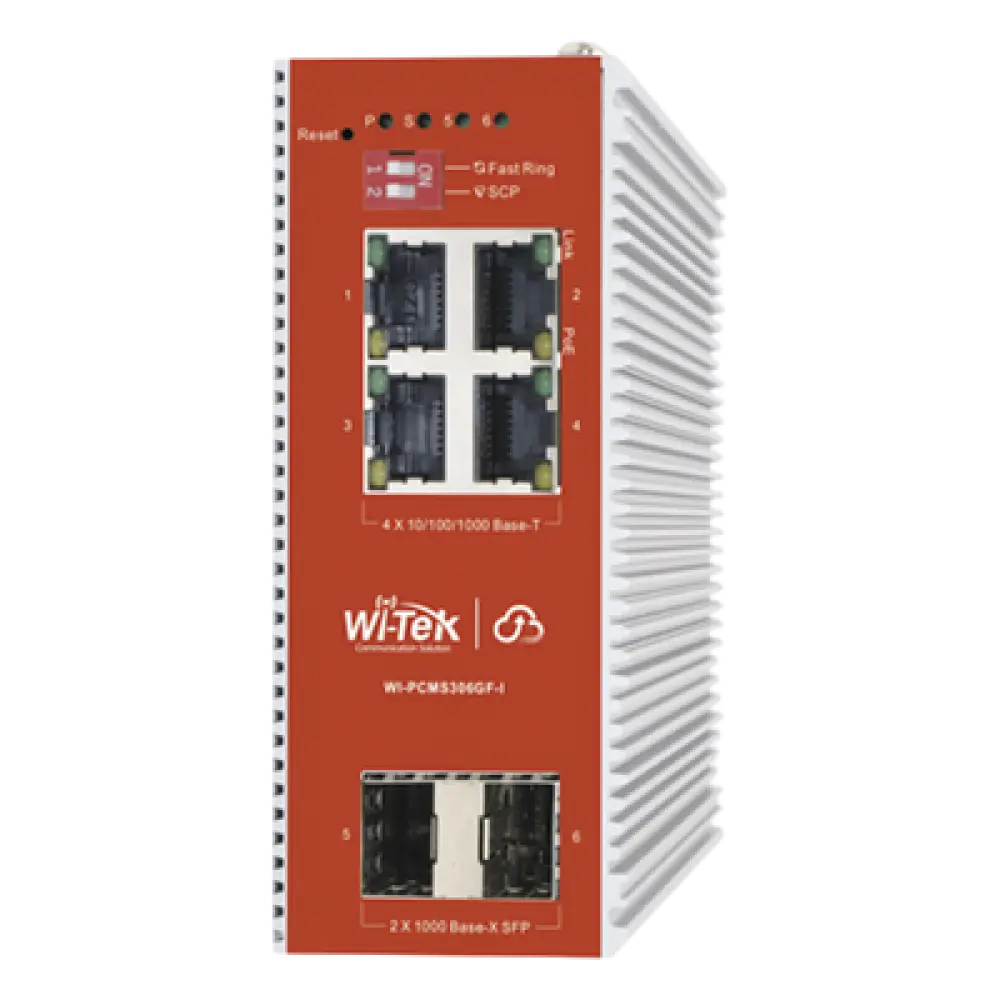 Switch PoE Industrial L2+ / 4 Puertos Gigabit PoE 802.3af/at / 2 Puertos SFP / Presupuesto PoE 120 W / Administración Cloud / Protocolo ERPS / Sin Ventiladores / IP40