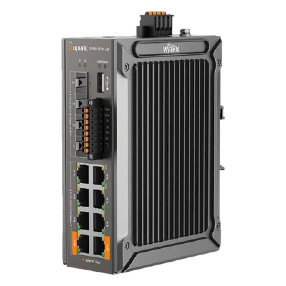 Switch PoE Industrial L2+ / 8 Puertos Gigabit PoE / 4 Puertos SFP 10G / Capacidad 96 Gbps / Presupuesto PoE 240 W / Rango -40 a 75 °C (-40 a 167 °F) / Sin Ventilador