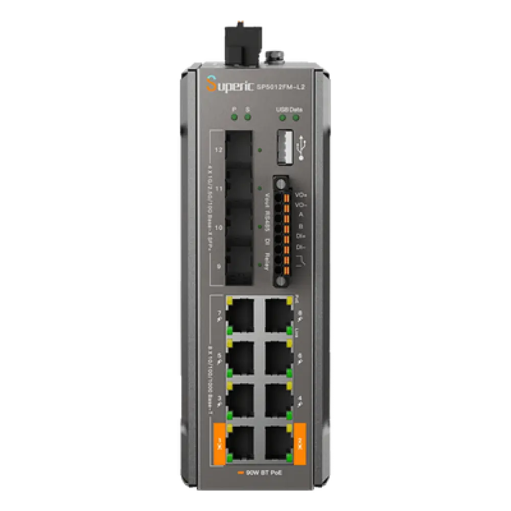 Switch PoE Industrial L2+ / 8 Puertos Gigabit PoE / 4 Puertos SFP 10G / Capacidad 96 Gbps / Presupuesto PoE 240 W / Rango -40 a 75 °C (-40 a 167 °F) / Sin Ventilador