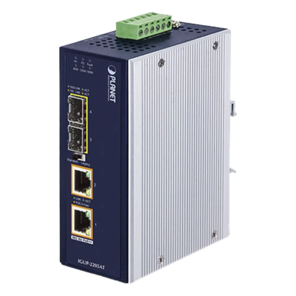 Convertidor de Medios Industrial / 2 SFP 100/1000X / 2 RJ45 10/100/1000T / PoE++ 802.3bt / 95W por puerto / -40 a 75 °C / IP30 / 12-56V CC