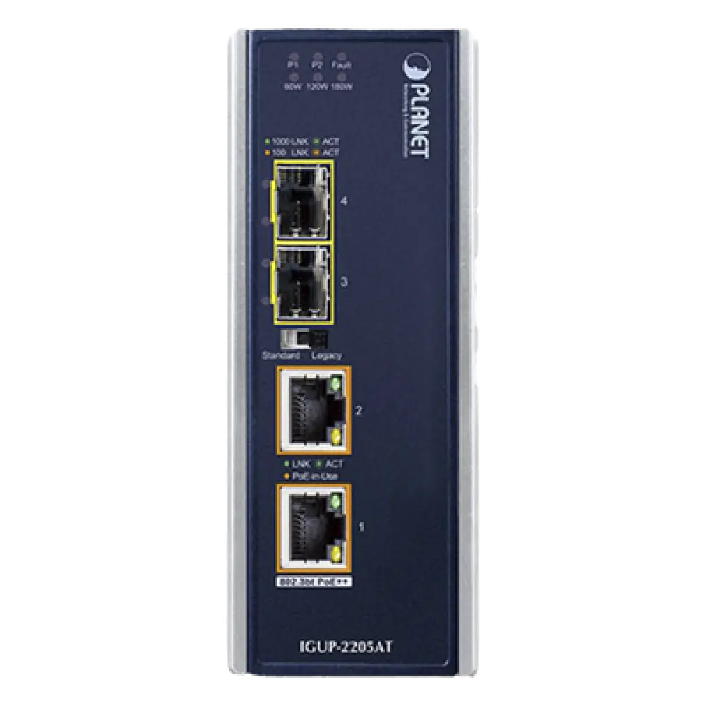 Convertidor de Medios Industrial / 2 SFP 100/1000X / 2 RJ45 10/100/1000T / PoE++ 802.3bt / 95W por puerto / -40 a 75 °C / IP30 / 12-56V CC