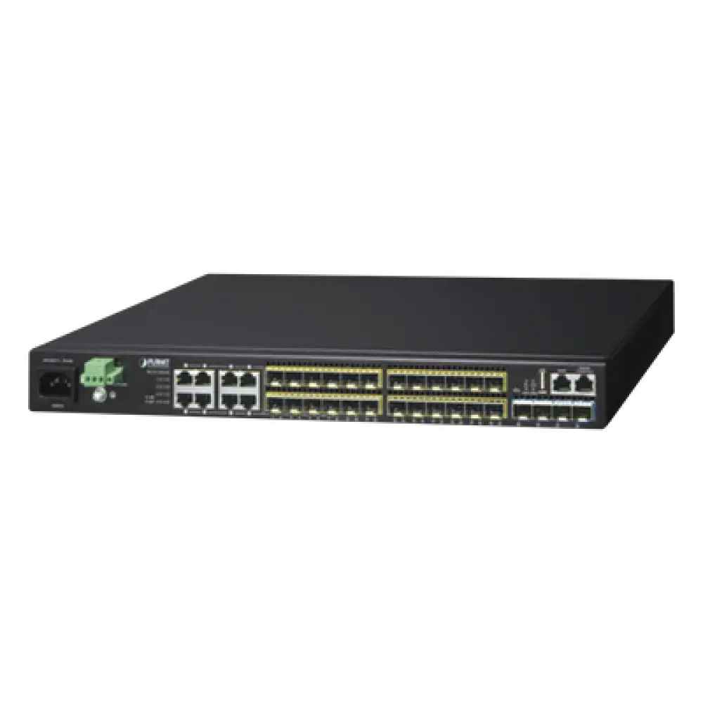 Switch Core Capa 3 / 24 SFP 100/1000X / 8 RJ45 Gigabit Compartidos / 4 SFP+ 10G / 95.23 Mpps / 1.44 x 0.79 x 0.14 pies