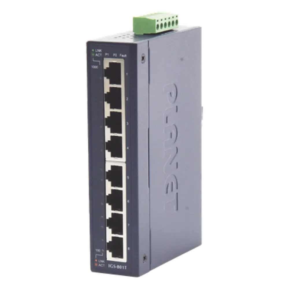 Switch Industrial No Administrable / 8 Puertos Gigabit 10/100/1000T / IP30 / Riel DIN y Pared / -40 a 75°C / 12-48 VDC