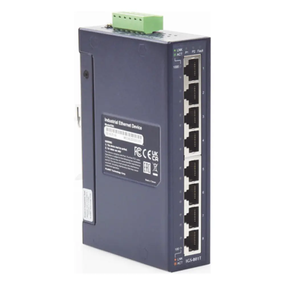 Switch Industrial No Administrable / 8 Puertos Gigabit 10/100/1000T / IP30 / Riel DIN y Pared / -40 a 75°C / 12-48 VDC