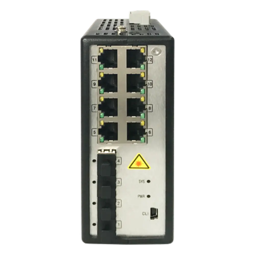 Switch Industrial Administrable / 8 Puertos Gigabit PoE+ 30W / 4 Puertos SFP / 250W Total / 48-57 VCD / -40°C a 75°C / 140×52×110 mm / 5.5×2.0×4.3 pulgadas