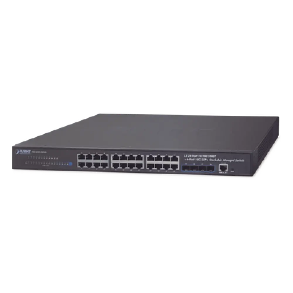 Switch Administrable Capa 3 / 24 Puertos Gigabit Ethernet / 4 Puertos 10G SFP+ / Apilable / 128 Gbps / 10 km Fibra