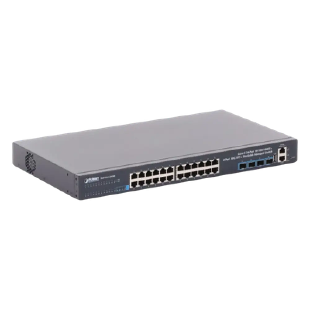 Switch Administrable Capa 3 / 24 Puertos Gigabit Ethernet / 4 Puertos 10G SFP+ / Apilable / 128 Gbps / 10 km Fibra