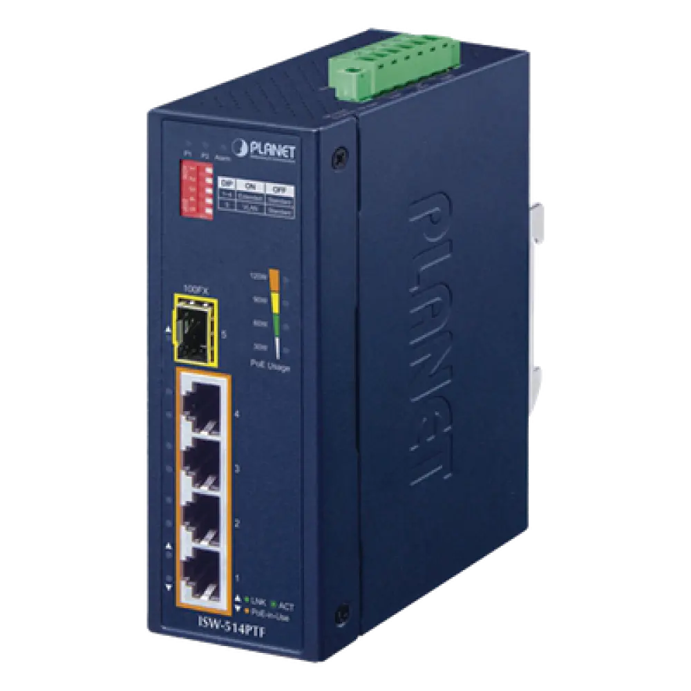 Switch Industrial PoE / 4 Puertos 10/100 Mbps / 1 Puerto 100Base-FX / Rango -40 a 75°C (-40 a 167°F) / IP30 / Conmutación 1 Gbps