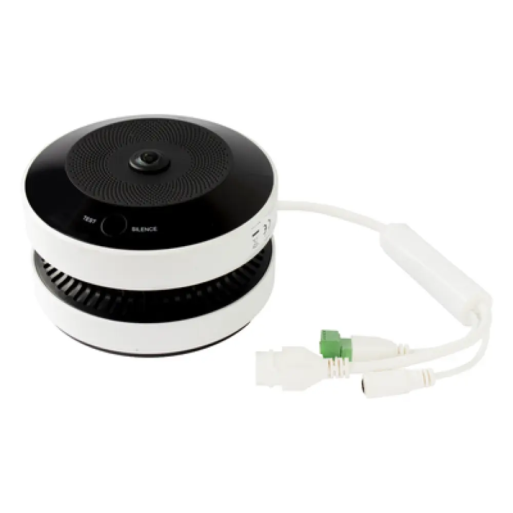 Cámara Fisheye IP / 4 Megapixel / Detector de Humo y Temperatura / IR 15 m (49.2 ft) / WDR 120 dB / Alarma 85 dB / PoE / MicroSD 128 GB