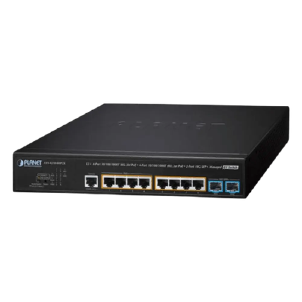 Switch Administrable L2+ AV / 4 Puertos PoE++ 95W + 4 Puertos PoE+ 32W + 2 SFP+ 10G / Presupuesto PoE 240W / Fanless / Dante y NDI