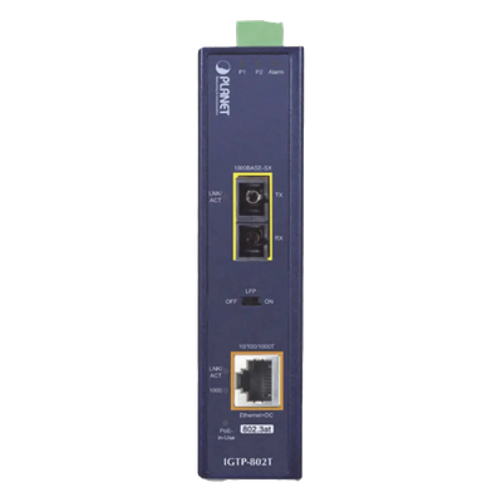 Convertidor de medios / PoE+ 802.3at / 1000BASE-SX a 10/100/1000BASE-T / Multimodo SC / 550 m (1804 ft) / -40 a 75°C / IP30