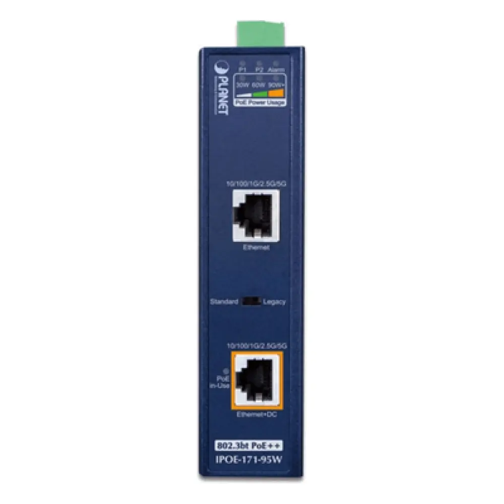 Inyector PoE++ Industrial / 95W / 2 Puertos RJ45 / Multi-Gigabit 5Gbps / -40 a 75°C / IP30 / Riel DIN o Pared