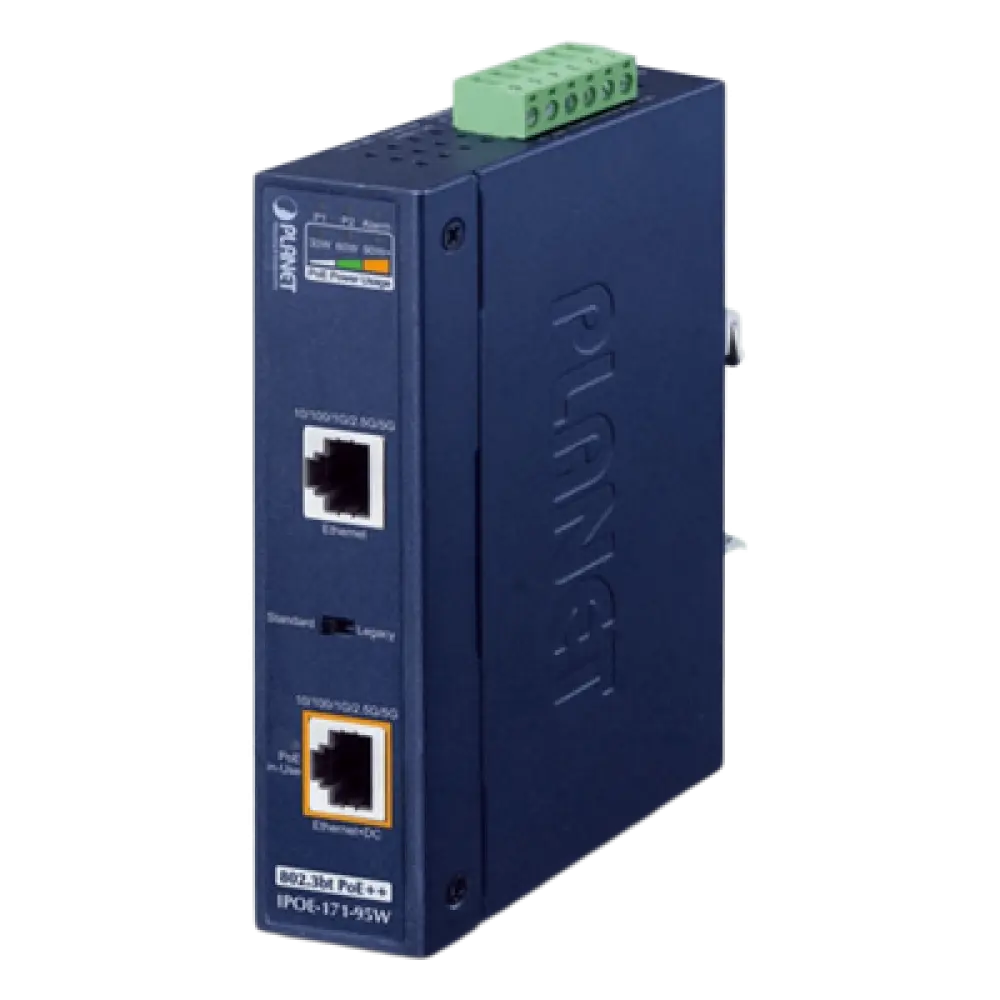 Inyector PoE++ Industrial / 95W / 2 Puertos RJ45 / Multi-Gigabit 5Gbps / -40 a 75°C / IP30 / Riel DIN o Pared