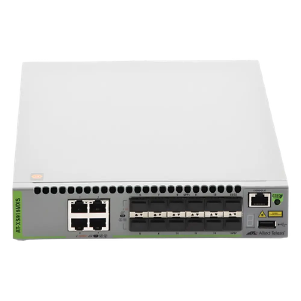 Switch Capa 3 Stackeable / 12 Puertos SFP/SFP+ 10G / 4 Puertos RJ-45 100/1000/10G / 238 Mpps / AlliedWare Plus