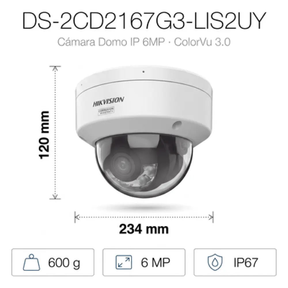 Cámara Domo IP / 6 Megapixel / ColorVu 3.0 / Dual Light 30 m (98.4 ft) / WDR 130 dB / AcuSense 3.0 / IP67 NEMA 4X