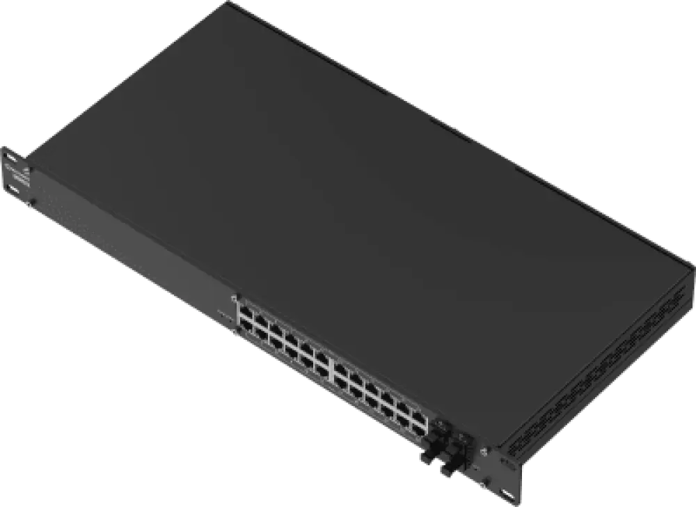 Switch Administrable L2+ / 24 Puertos PoE+ Gigabit / 4 Puertos SFP / Capacidad 56 Gbps / 300W PoE / Rack 19" / IP30