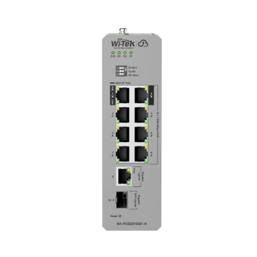 Switch Industrial PoE / 8 Puertos Gigabit PoE / 270W Budget / Uplink SFP / DIN-Rail / -30°C a 65°C / Fanless