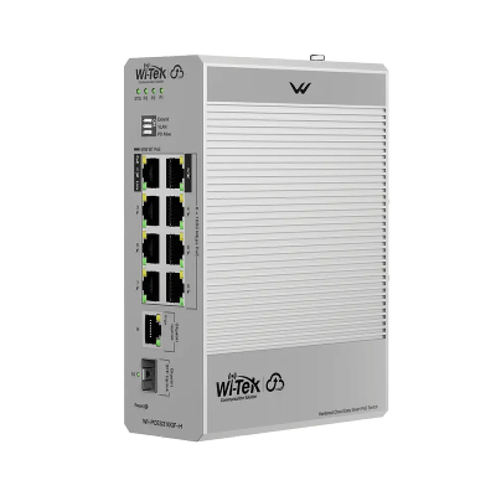 Switch Industrial PoE / 8 Puertos Gigabit PoE / 270W Budget / Uplink SFP / DIN-Rail / -30°C a 65°C / Fanless
