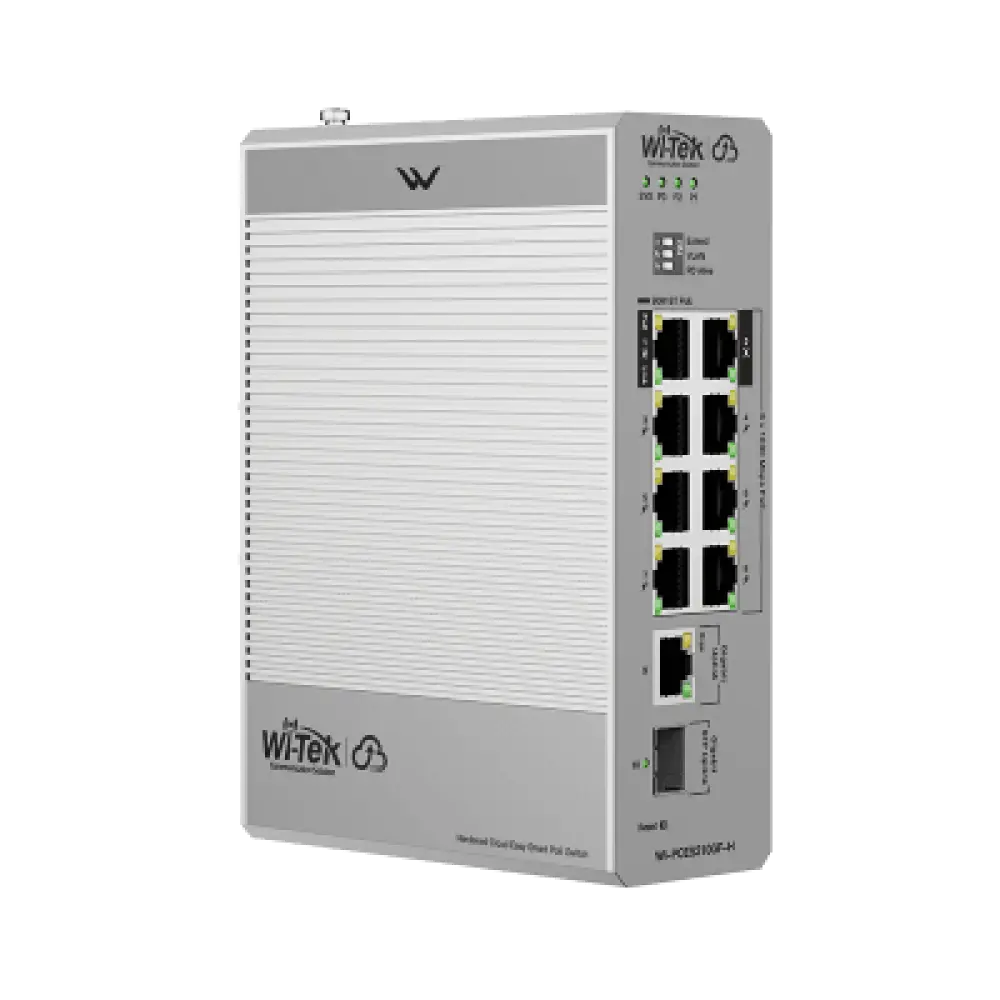 Switch Industrial PoE / 8 Puertos Gigabit PoE / 270W Budget / Uplink SFP / DIN-Rail / -30°C a 65°C / Fanless