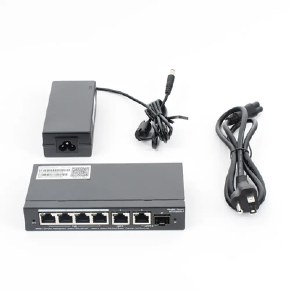Switch Administrable Cloud / 6 Puertos Gigabit / 4 PoE+ 54W / 1 SFP / 12 Gb/s / Sin Ventilador