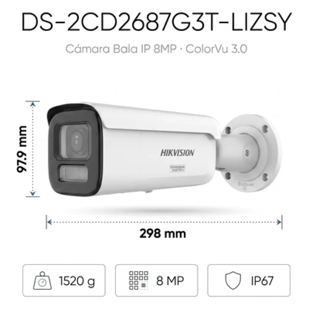 Bala IP 8 Megapixel / Lente Mot. 2.8 a 12 mm / 60 mts IR + Luz Blanca / Exterior IP67 / WDR 130 dB / ACUSENSE 3.0 / Metal / NEMA 4X / ACUSEEK