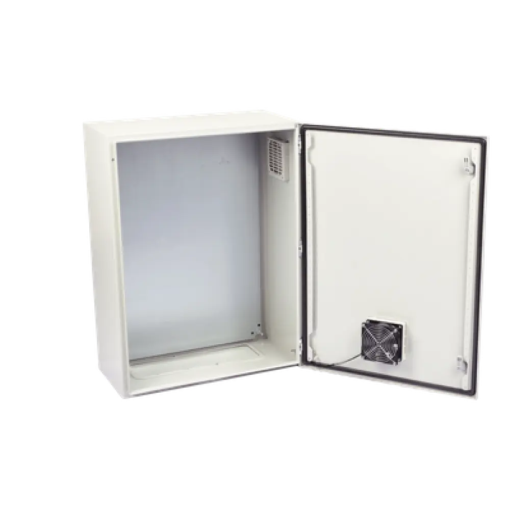Gabinete de Acero para Exterior / IP55 / IK10 / 400 x 600 x 250 mm / Ventilación Forzada 110 VCA / Carga 25 kg / Placa Trasera 350 x 565 mm