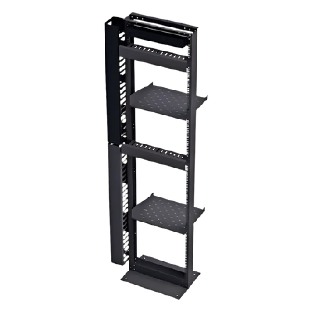 Kit organizador de redes / Rack 19' tipo L 45U / 2 organizadores verticales 45U total / 2 organizadores horizontales 2U / Regleta 8 salidas / Charolas y accesorios