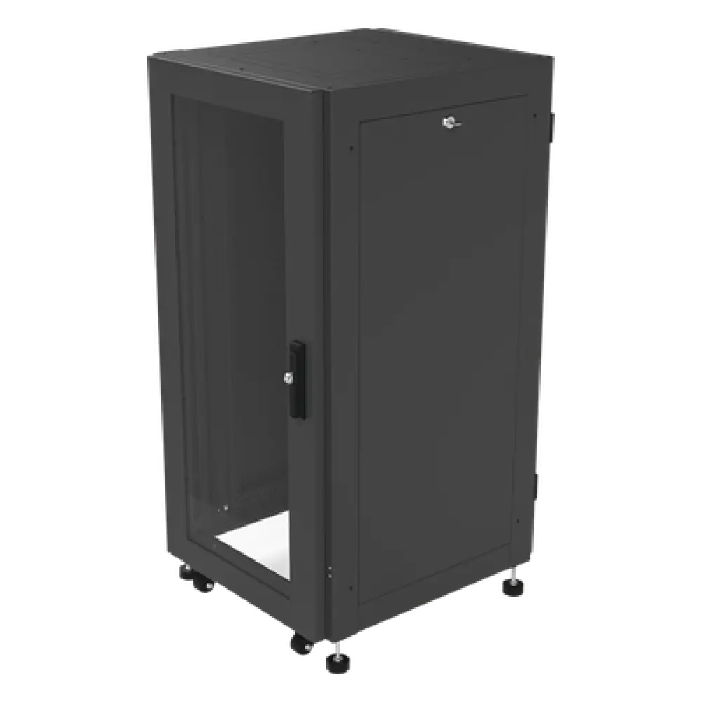 Gabinete de Piso 19in / 24UR / 600 mm Profundidad / Carga 532 kg / Puerta con Cristal Templado / Cierre 3 Puntos
