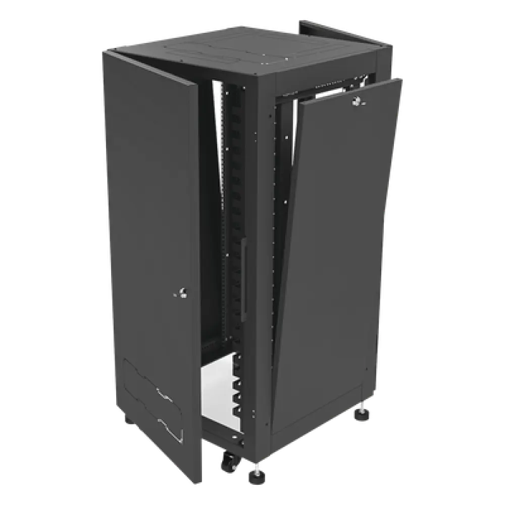 Gabinete de Piso 19in / 24UR / 600 mm Profundidad / Carga 532 kg / Puerta con Cristal Templado / Cierre 3 Puntos