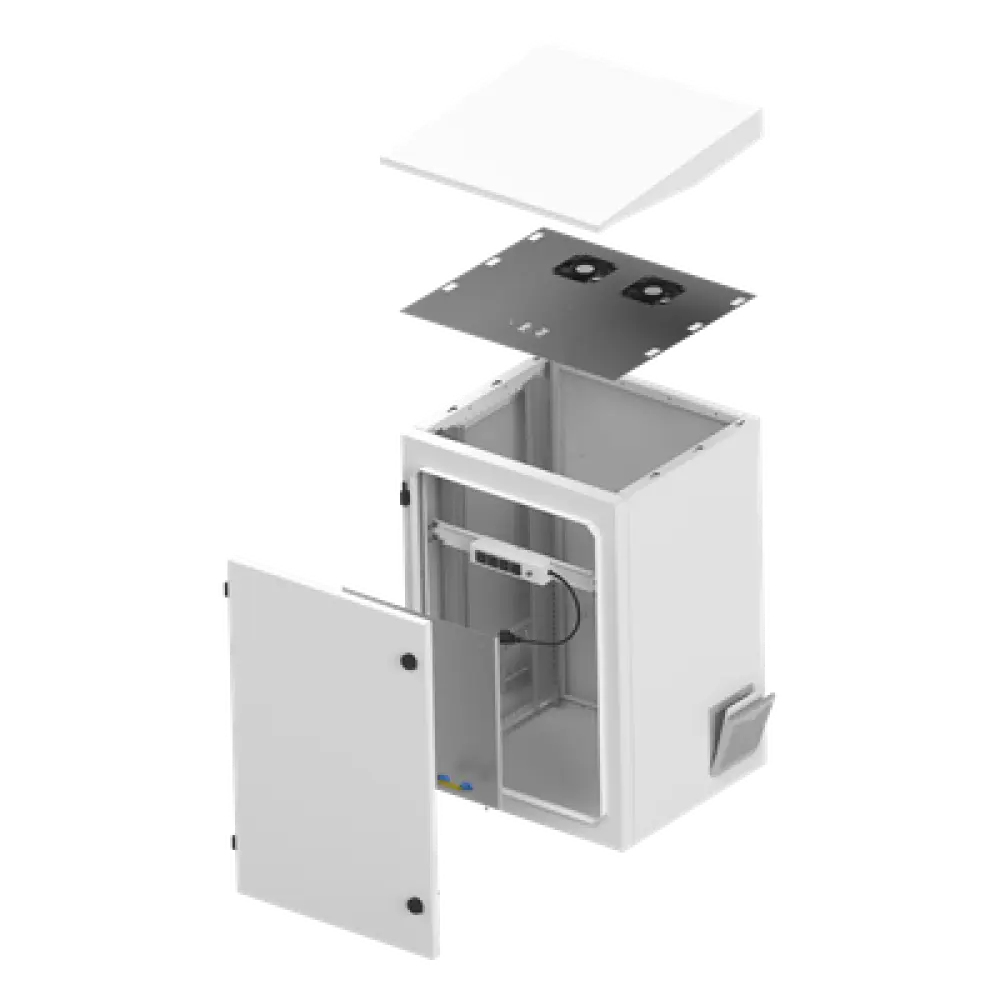 Gabinete Exterior IP / Rack 19" 16U / Acero Galvanizado / Ventilador con Termostato / Filtros Antipolvo / Aislante Térmico / Cerradura con Llave