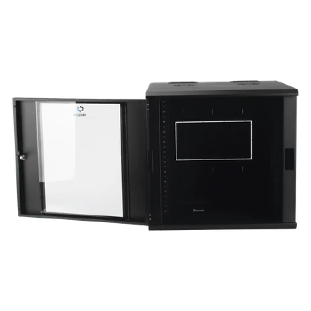 Gabinete de Pared Abatible / Rack 19" 12U / Ventana Cristal Templado / Apertura 120° / Laterales Removibles