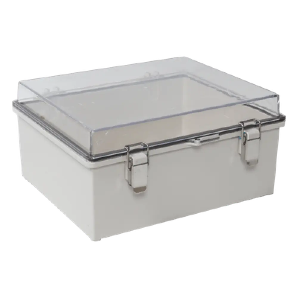 Gabinete Plástico ABS / IP66 / Puerta Transparente Policarbonato / 190 x 290 x 140 mm / Cierre Broche Inoxidable / Compatible Candado Perno 5 mm