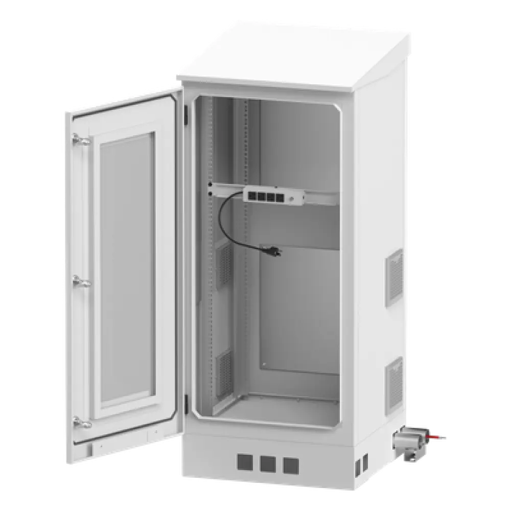 Gabinete de Piso Exterior / Rack 19" 16 U / Ventiladores con Termostato / IP-54 / Espacio para 2 Baterías / 110 VCA / 600 x 1429 x 5 mm