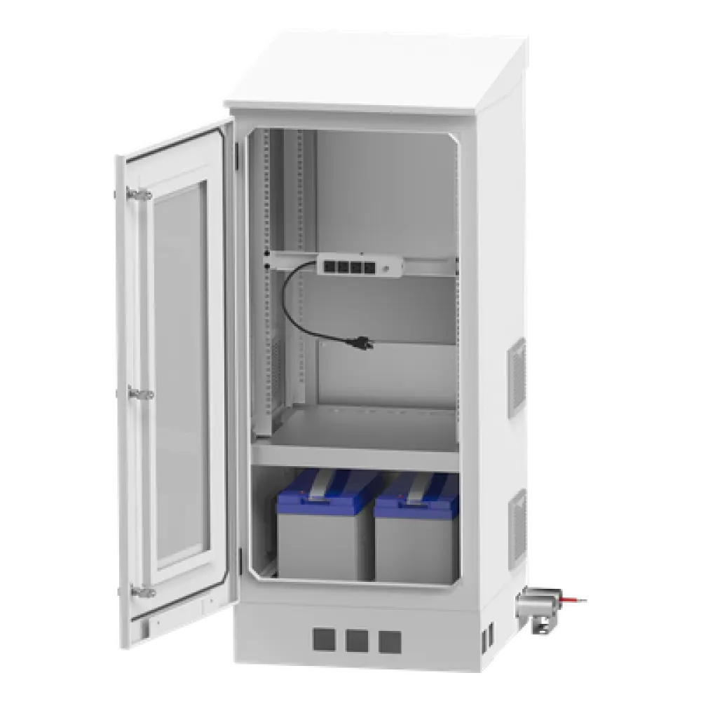 Gabinete de Piso Exterior / Rack 19" 16 U / Ventiladores con Termostato / IP-54 / Espacio para 2 Baterías / 110 VCA / 600 x 1429 x 5 mm